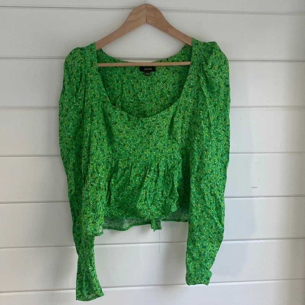 AFRM | Green Floral Long Sleeve Smocked Crop Top | Great Condition - Picture 2 of 7